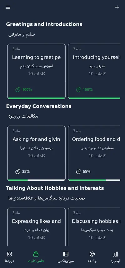 فلش کارت های طبقه بندی شده برای آموزش زبان به همراه قابلیت مرور و تمرین رایتینگ کلمات